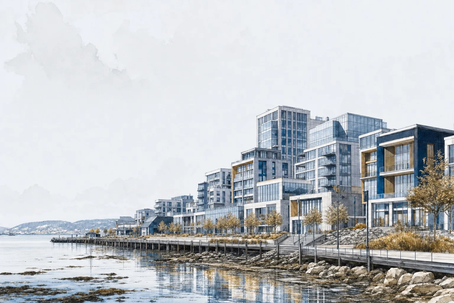Architectural illustration of a contemporary Nova Scotia waterfront district