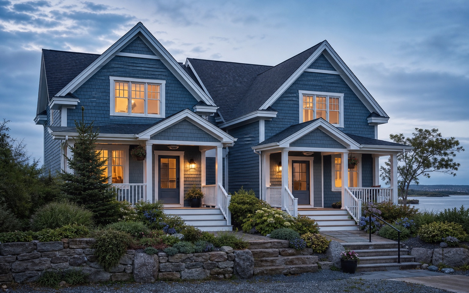 Two connected Nova Scotia coastal homes illuminated at blue hour